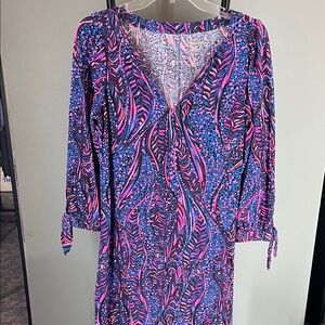 Lilly Pulitzer Vibrant Pink and Blue Leaf Print Midi Dress